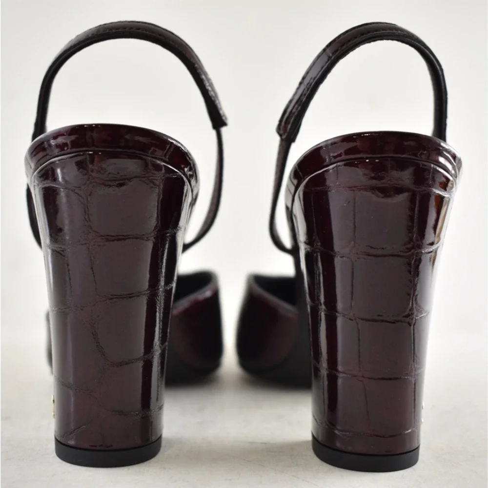 Chanel 26A Burgundy Black Crocodile Coco Sling Slingback Block Heel Pump 40c